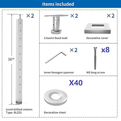 Miniatura 9 de LANGLIER 2 postes de barandilla para cables de 36 x 2 x 2 pulgadas (columna cuadrada de 33 pulgadas), acabado plateado de acero inoxidable, para