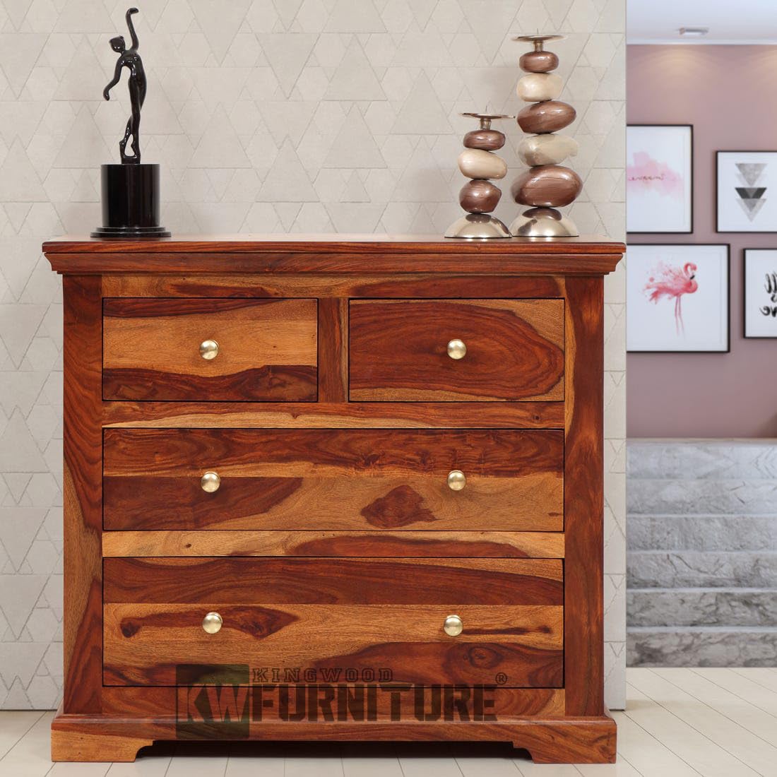 KINGWOOD FURNITURE Alcester Chest of 4 Drawers Dresser Organiser | Compact Chest of Drawer Storage Cabinet | Four Drawer Dresser for Bedroom or Living Room in Sheesham Solid Wood with Honey Finish-image-40