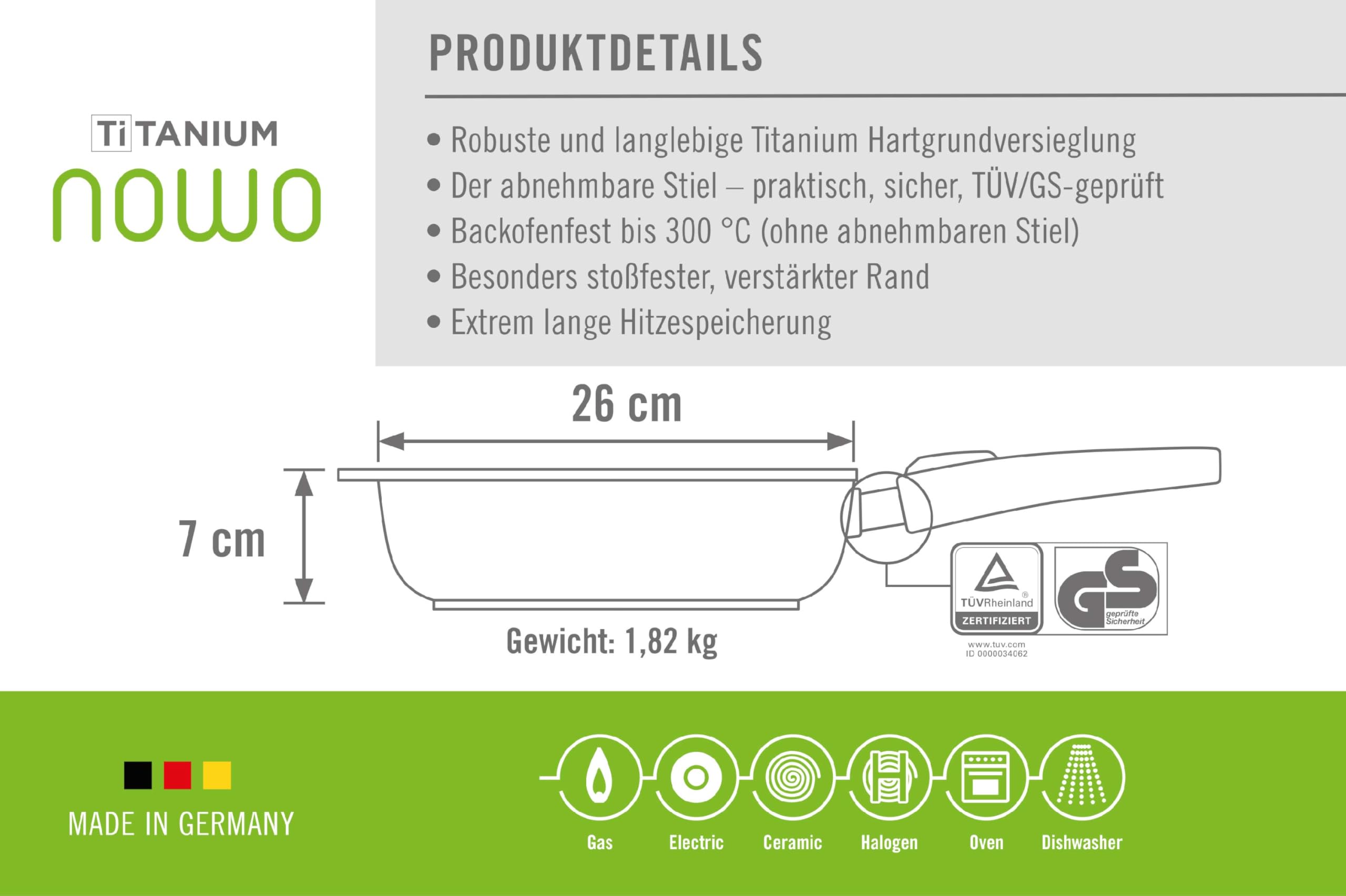 Titanium Nowo żeliwna patelnia z wysokim brzegiem, Ø 26 cm, wysokość 7 cm, 3,0 l, ze zdejmowanym uchwytem