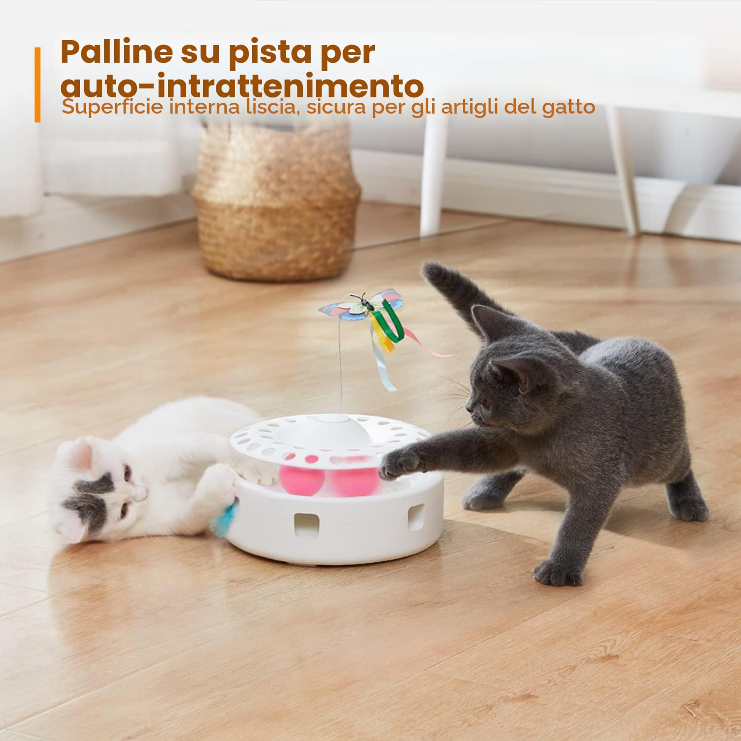 Potaroma Giocattoli per gatti 3 in 1, giocattolo interattivo automatico per gattini, farfalla svolazzante, piuma d'agguato mobile, palline di pista, doppia alimentazione, alimentazione USB, kicker per