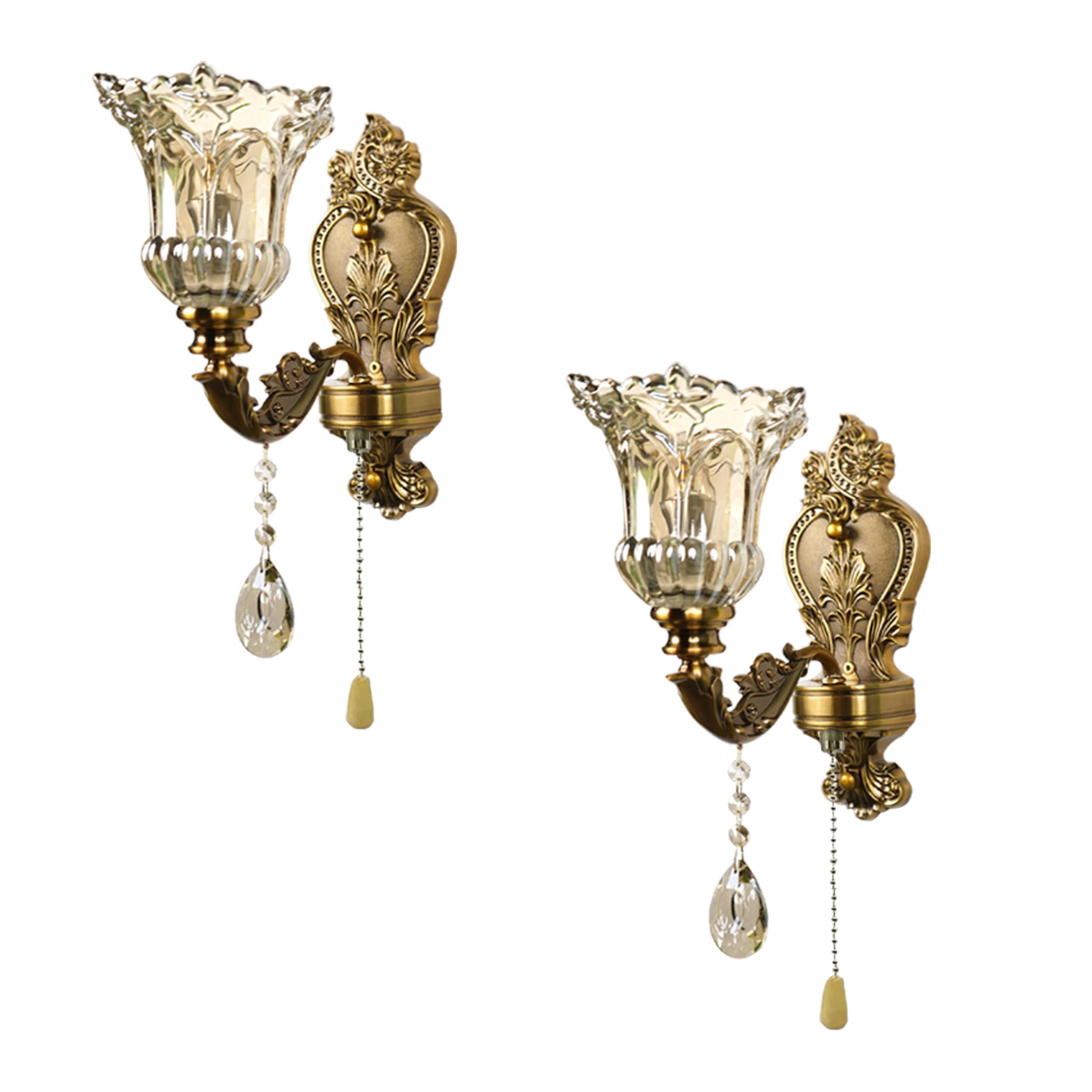 Photo 1 of Aeyee Vintage Wall Sconce Set of 2, Antique Brass Wall Light with Pull Chain On/Off Switch, Elegant Wall Mounted Lamp with Crystal Bedside Wall Lamp for Entrance, Bedroom, Hallway