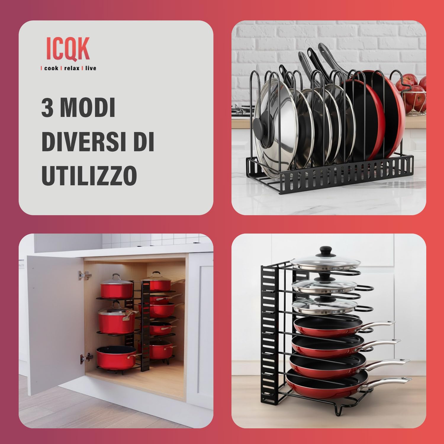 Organizador para tapas de ollas ajustable, 8 compartimentos, 3 configuraciones posibles, cajones, armario, divisores ajustables, antideslizante, vertical u horizontal, organizador de sartenes