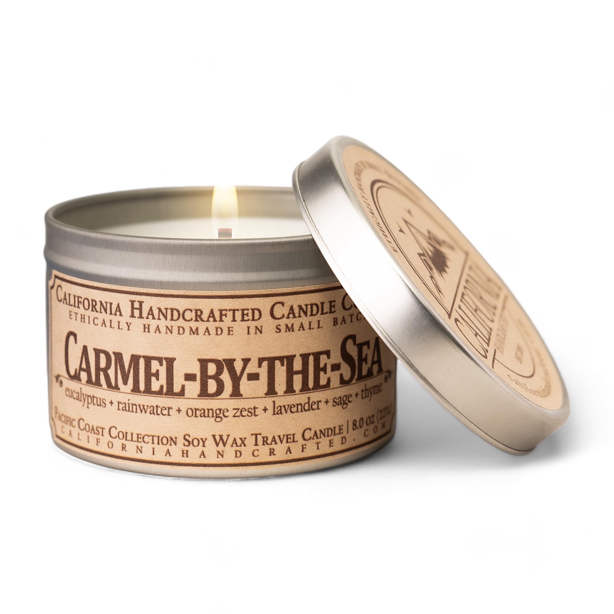 Carmel-by-the-Sea Scented Soy Wax Travel Candle | Eucalyptus, Rainwater, Orange Zest, Lavender, Sage, Thyme | 8 oz Silver Tin for Home and Travel | Relaxing and Eco-Friendly