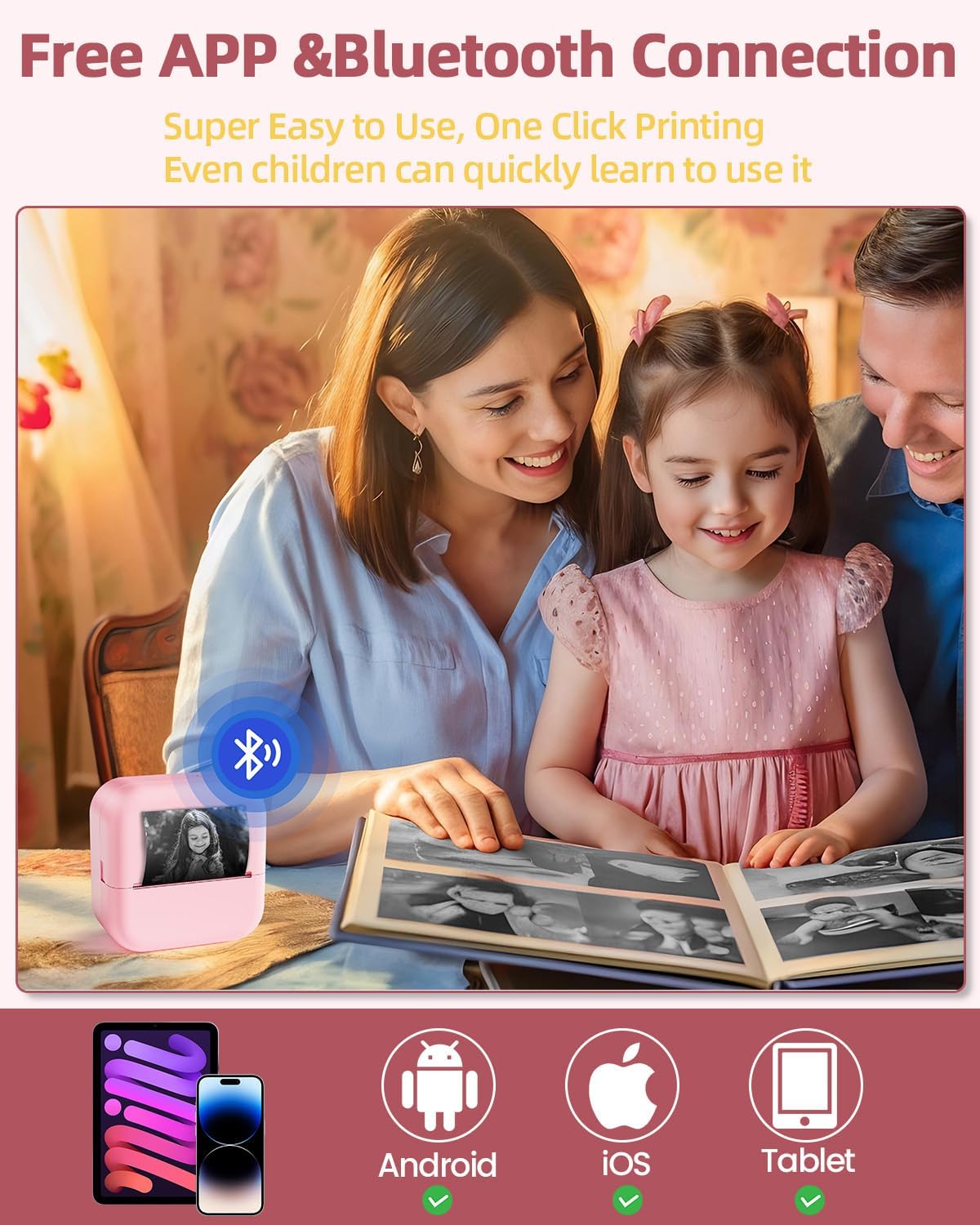Zodzi Bluetooth Mini Printer, Thermal Mini Printer for Smart Phones & Pads, Portable Pocket Printers for Labels, Diary, Scrapbook, Web Page, 1D/QR Code, Photo, Monochrome, Pink - Image 2