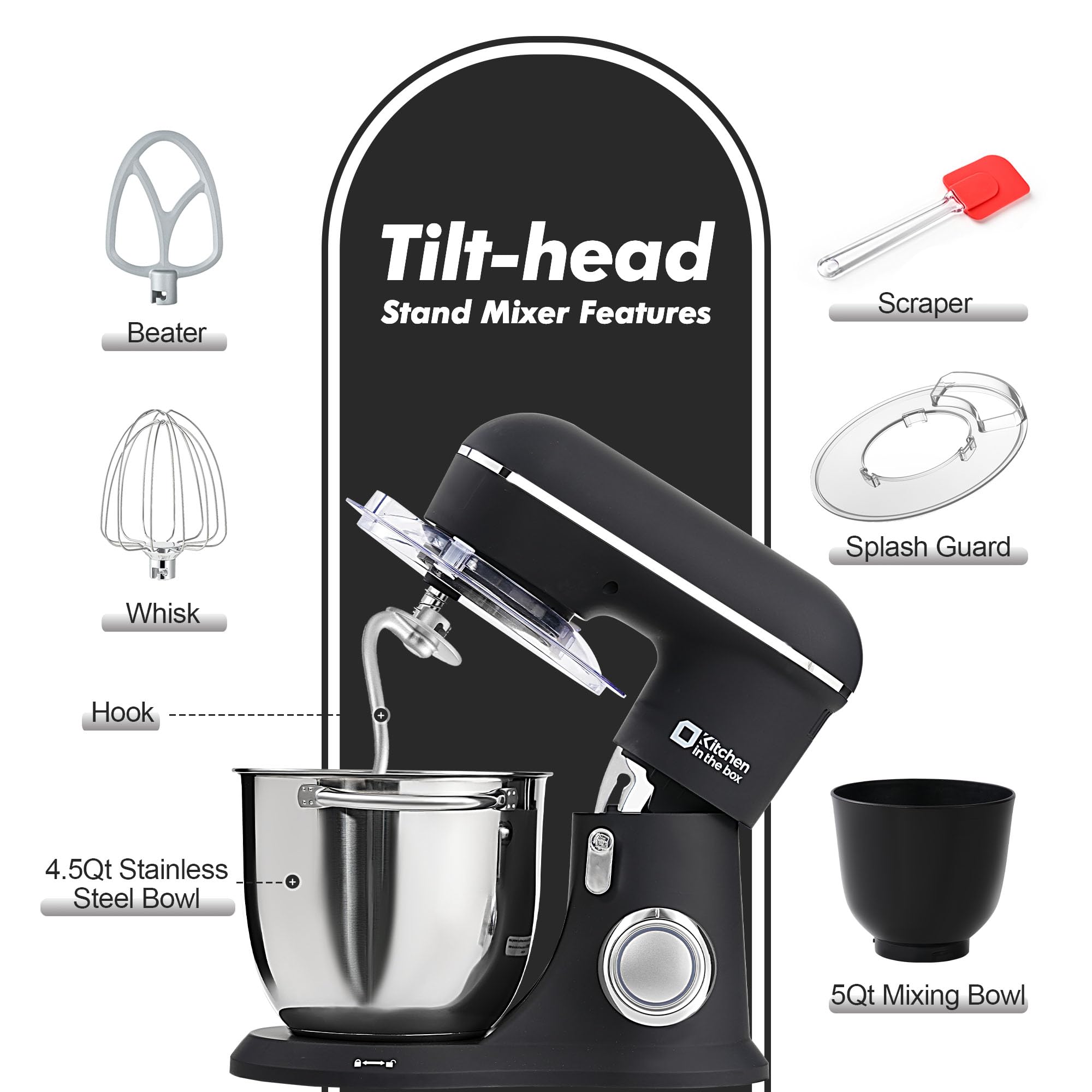 Kitchen in the box Stand Mixer, 4.5QT+5QT Two bowls Electric Food Mixer, 10 Speeds 3-IN-1 Kitchen Mixer for Daily Use with Egg Whisk,Dough Hook,Flat Beater (Onyx Black, 5QT)