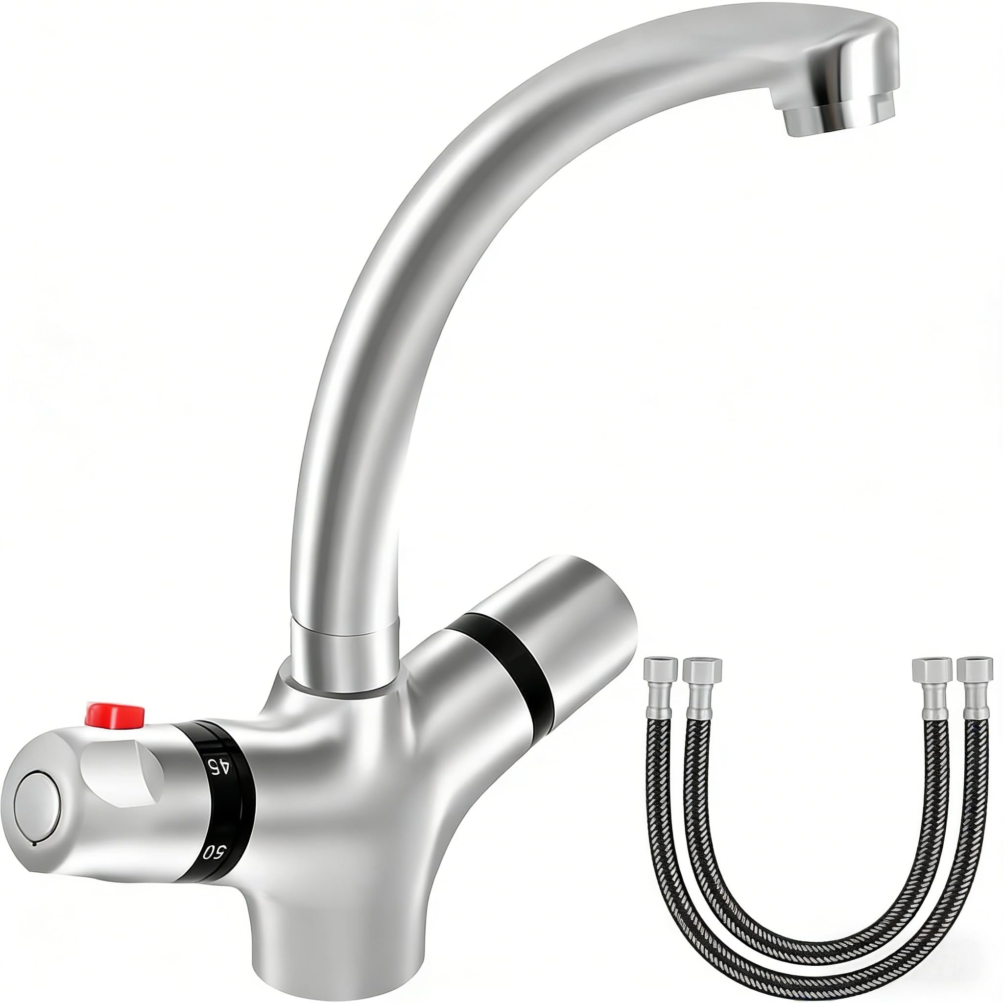 Thermostat Waschtischarmatur 20-50°C mit 2 Griffen, Hochpräzise Temperaturregelung und Verbrühschutz, 360° Drehbarer Auslauf aus Messing für Badezimmer, 230mm Höhe