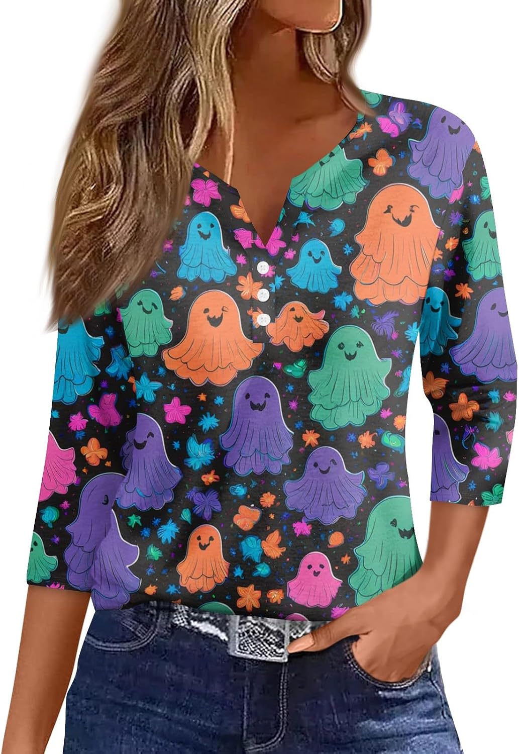 Womens 3/4 Sleeve Tops Halloween Fall Button V Neck Graphic Shirts | Fall Top for Women, Casual T-Shirt, Loose Fit Cute Tees, Halloween Holiday Apparel