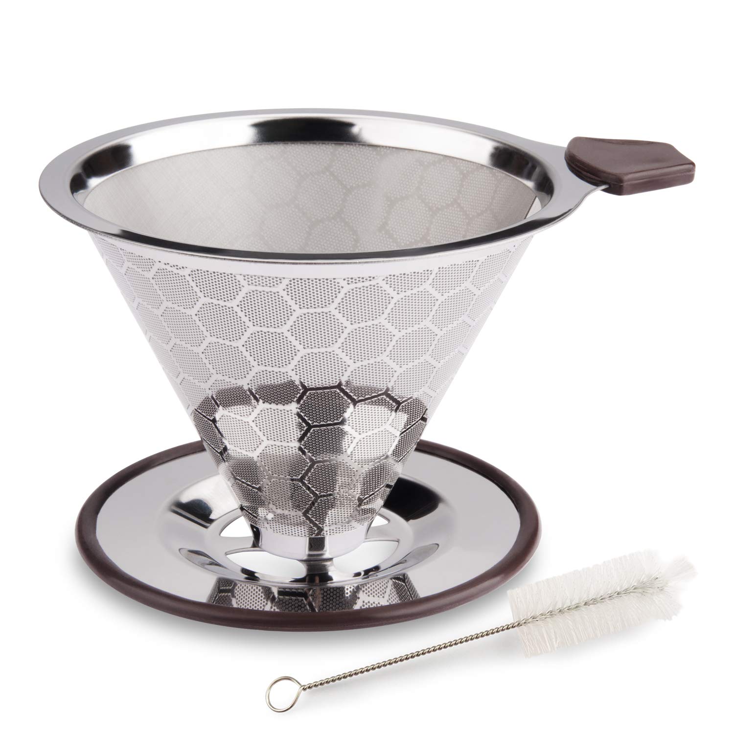FOXASPour Over Coffee Filter Dripper, Reusable Stainless Steel Metal Drip Coffee Maker Cone, Paperless Permanent Coffee Strainer, Coffee Mesh Filters for 1-4 Cup with Cleaning Brush