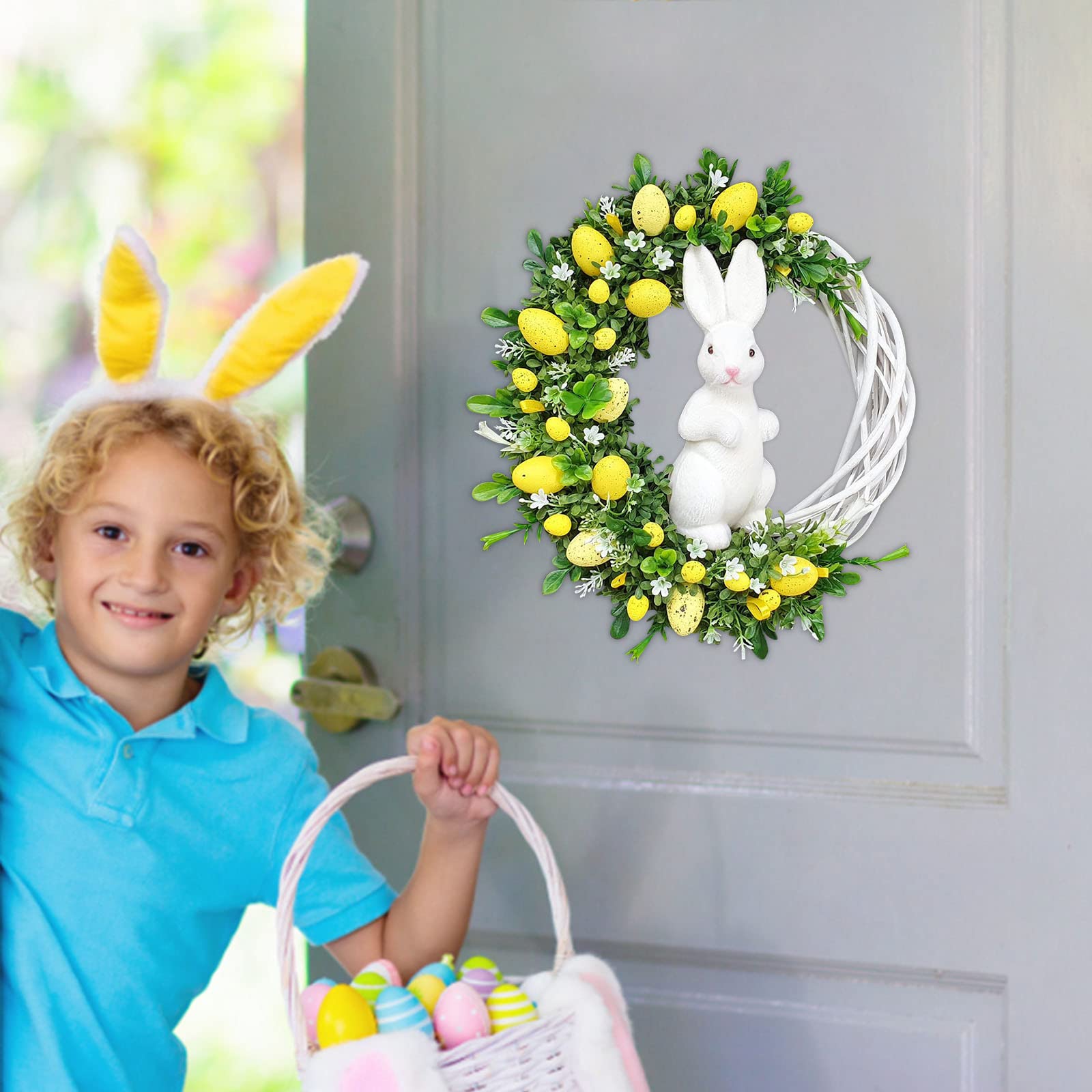 Ghirlanda Pasquale Con Fiocco In Iuta E Coniglietto – Decorazione Per Porta 28x50 Cm – Uova E Coniglio