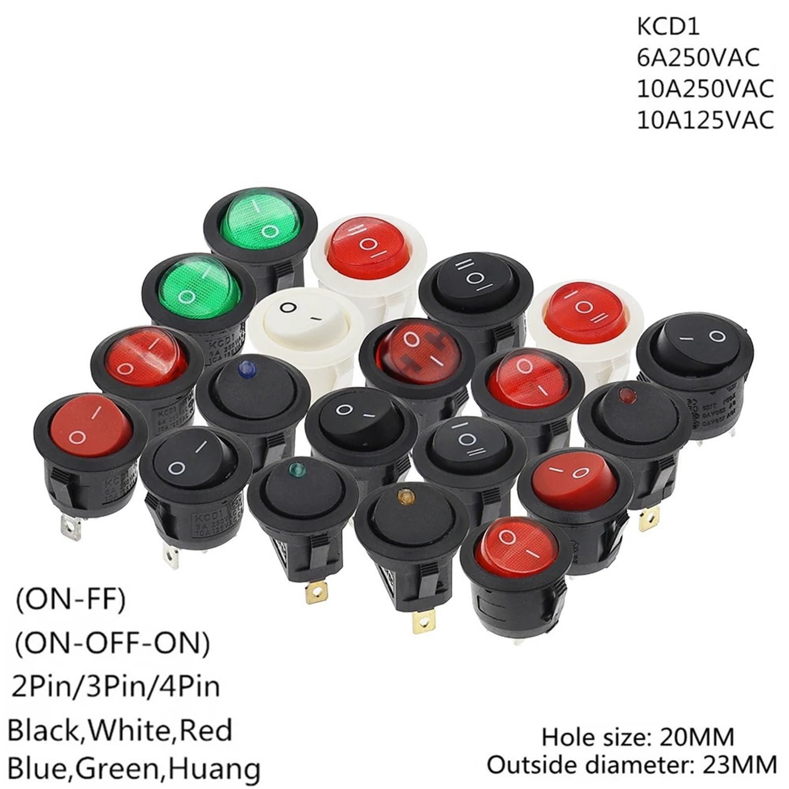 Okrągły przełącznik kołyskowy ON/OFF podświetlany LED do deski rozdzielczej samochodu, vana, 12V 24V / 6A 250V / 10A 125V 2/3/4PIN przełącznik 20 mm 5 sztuk(3 piny ON-OFF-ON)