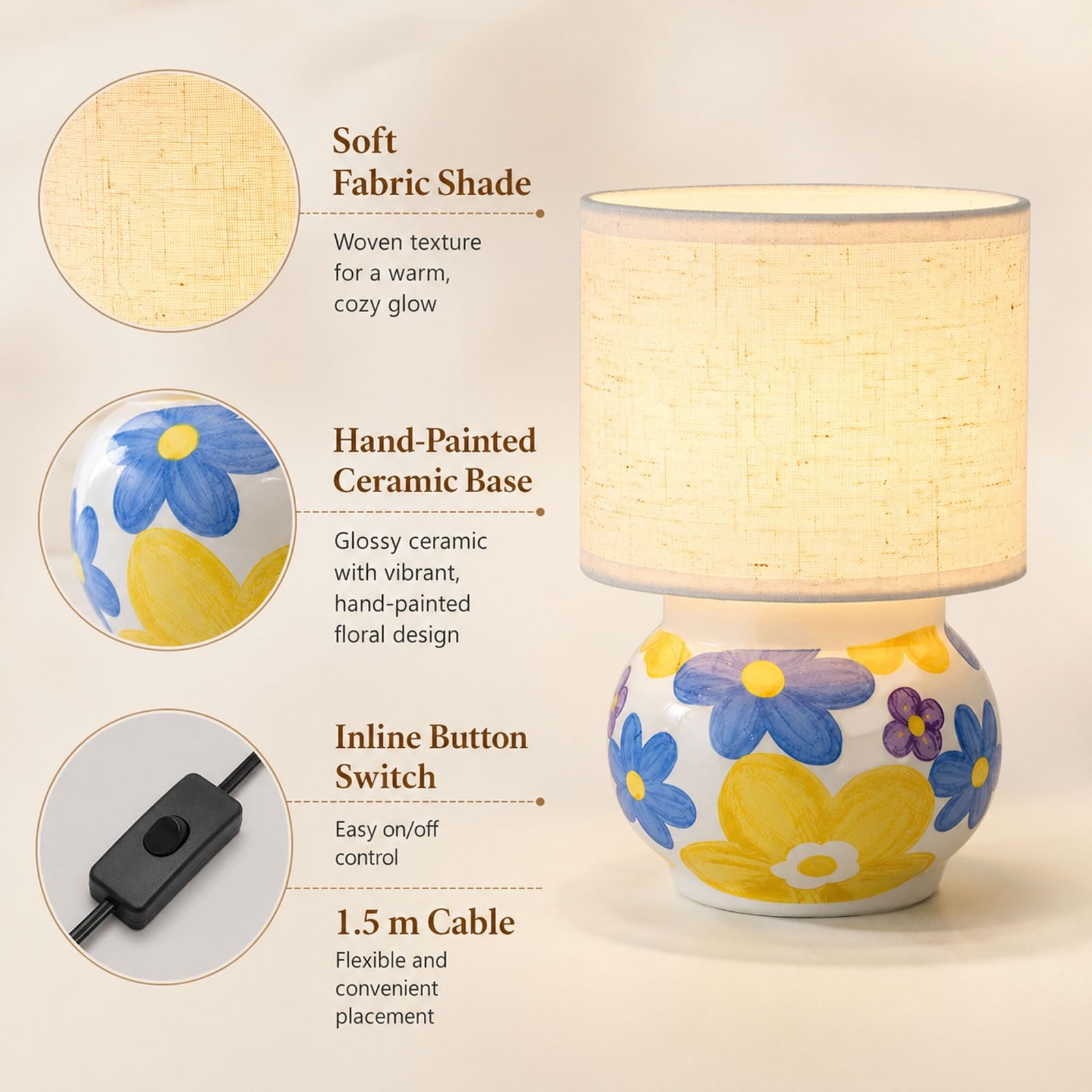 Ceramiczna lampa stołowa w kwiaty o przekątnej 7,9 cala, mała lampka nocna z abażurem z tkaniny