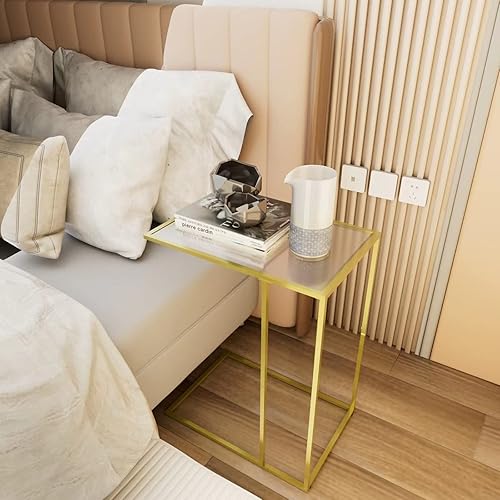 Miniatura 7 de Juego de 2 mesas auxiliares en forma de C, mesa de sofá para espacio pequeño, mesa auxiliar de vidrio templado con marco de metal para sala de