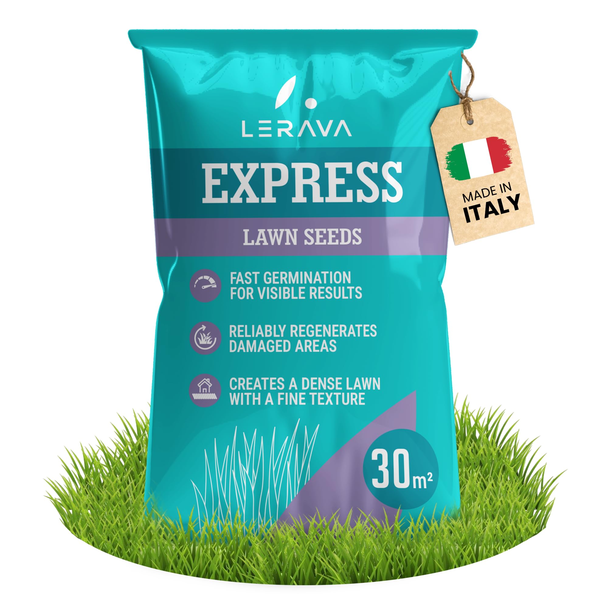 LERAVA Express Grass Seed (30 mยฒ) - Fast Growing Lawn Seeds for Spring - Hard Wearing Turf for Shade & Sunny Areas - Express Germination for Dense Green Garden - Lawn Repair Mix Made in Italy