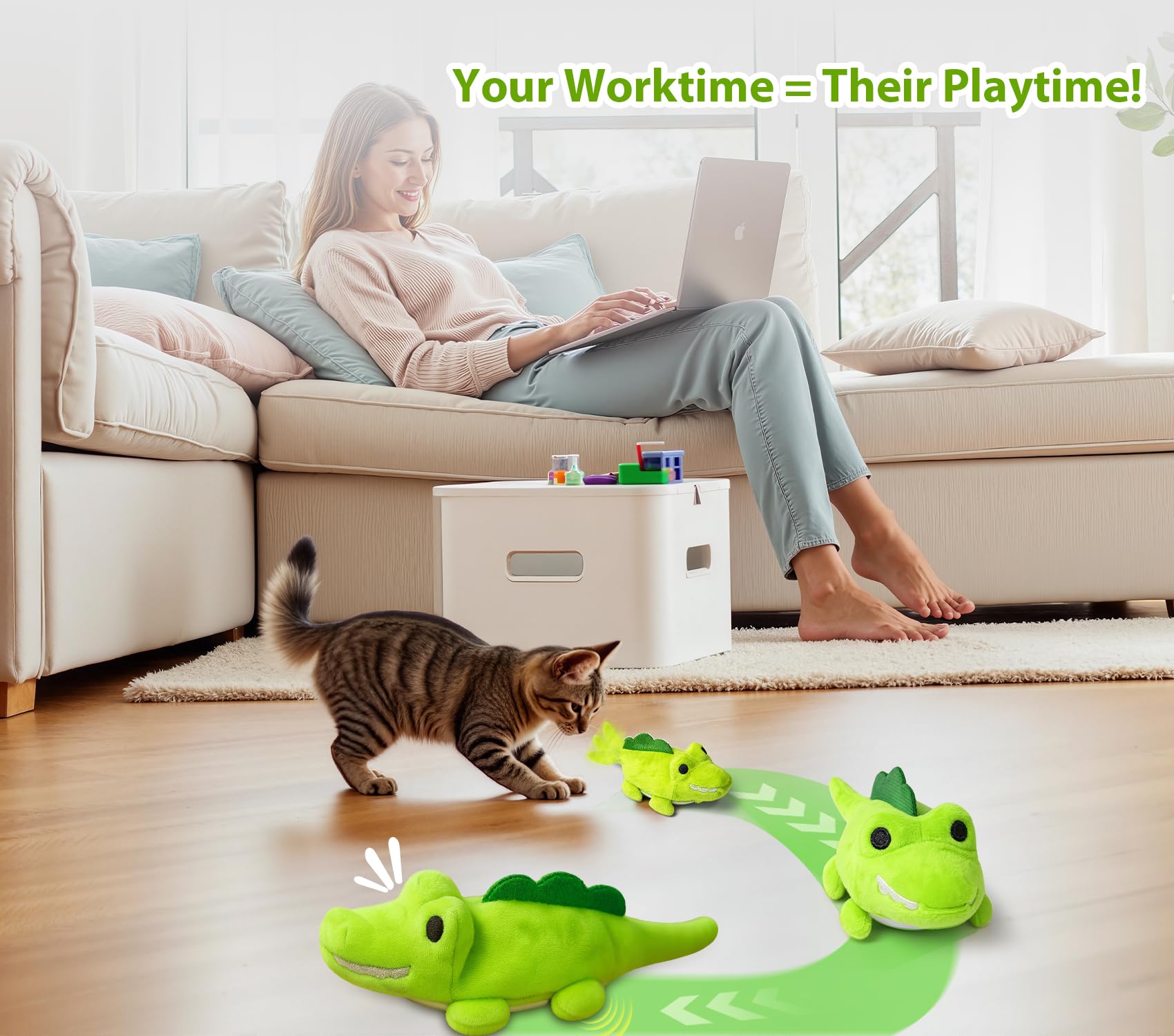 Giocattolo automatico per gatti con erba gatta - Coccodrillo interattivo per gatti da interni, auto-movimento con coda scodinzolante, ricaricabile tramite USB (peluche corto)