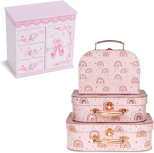 Jewelkeeper Joyero musical de bailarina con 3 cajones extraíbles, maletas de cartón, juego de 3 cajas de regalo para cumpleaños, boda, Pascua,