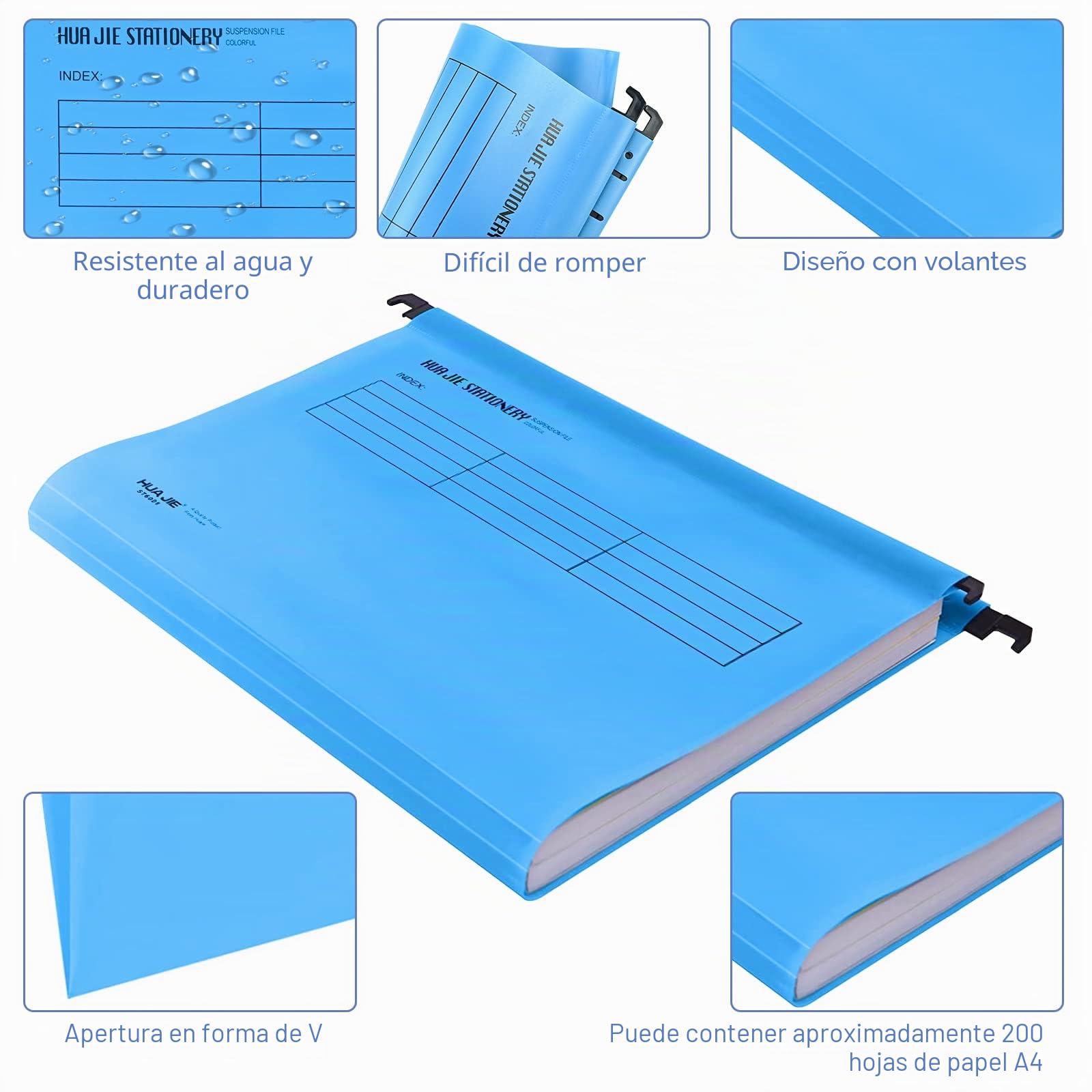 Archivos colgantes A4, 25 carpetas colgantes de polipropileno con pestañas, insertos de tarjetas y bolígrafo borrable, trabajo, oficina (5 colores)