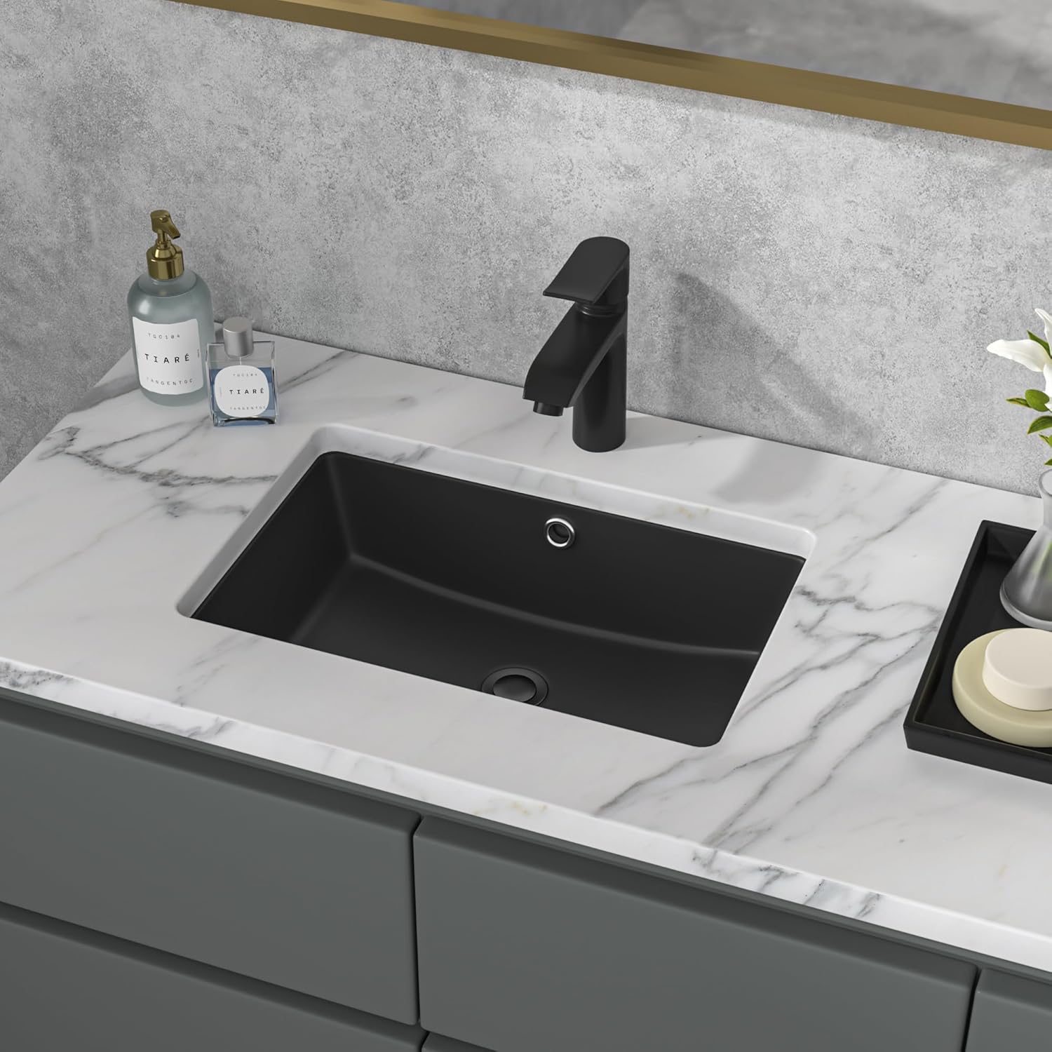 Sarlai Undermount Bathroom Sink - 18 x 12 inch Black Vessel Sink Undermount Sink Rectangular Modern Ceramic Rectangle Vanity Art Basin with Overflow, Interior Dimension 16-1/4 x 10-3/5 Inch