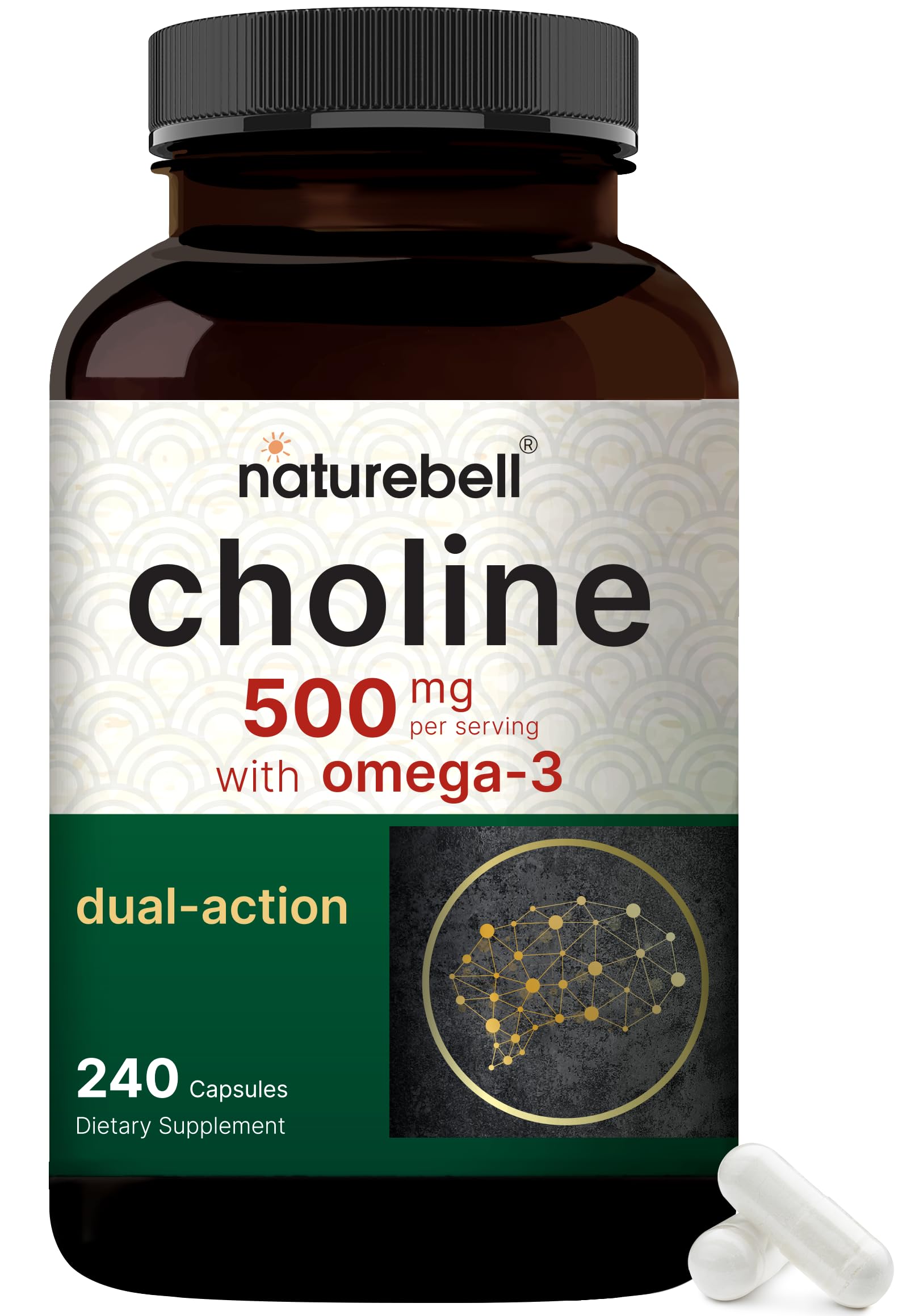 NatureBell Choline 500 mg with Omega-3 Fatty Acids, 240 Capsules | Extra Strength 2-in-1 Choline Bitartrate Formula | Non-GMO