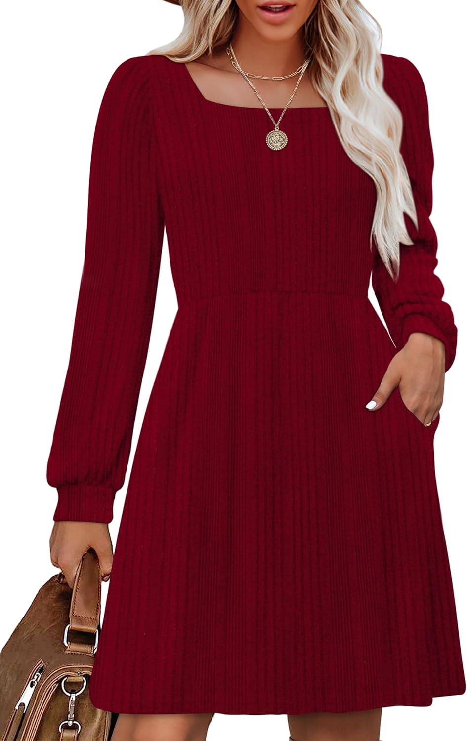 OFEEFAN Womens Knit Sweater Dress with Pockets Square Neck Long Sleeve Dresses