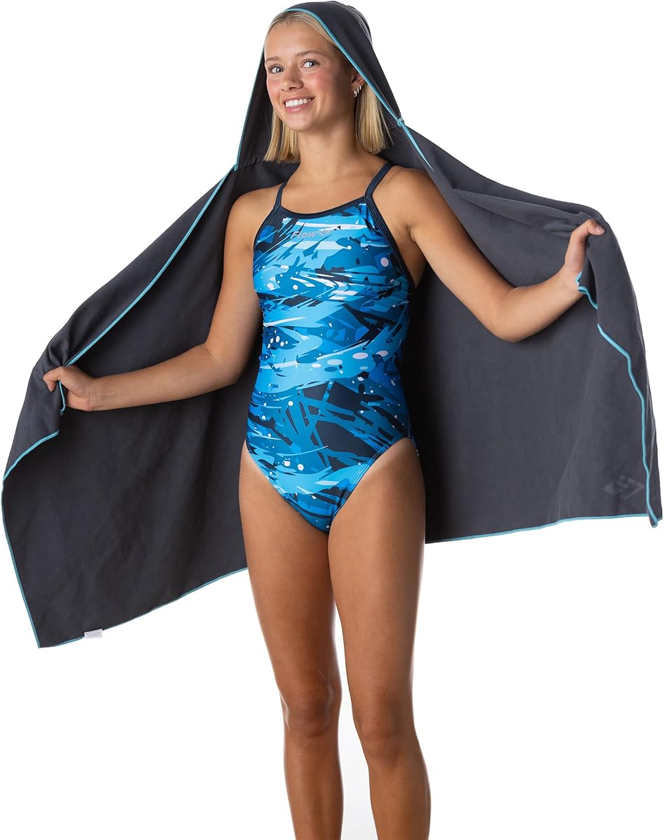 Toalla deportiva Flow Hydro – Toallas de natación de microfibra de secado rápido para natación, piscina, triatlón y otros deportes acuáticos en tamaños mediano, grande, extra grande y con capucha (gris, grande con capucha)