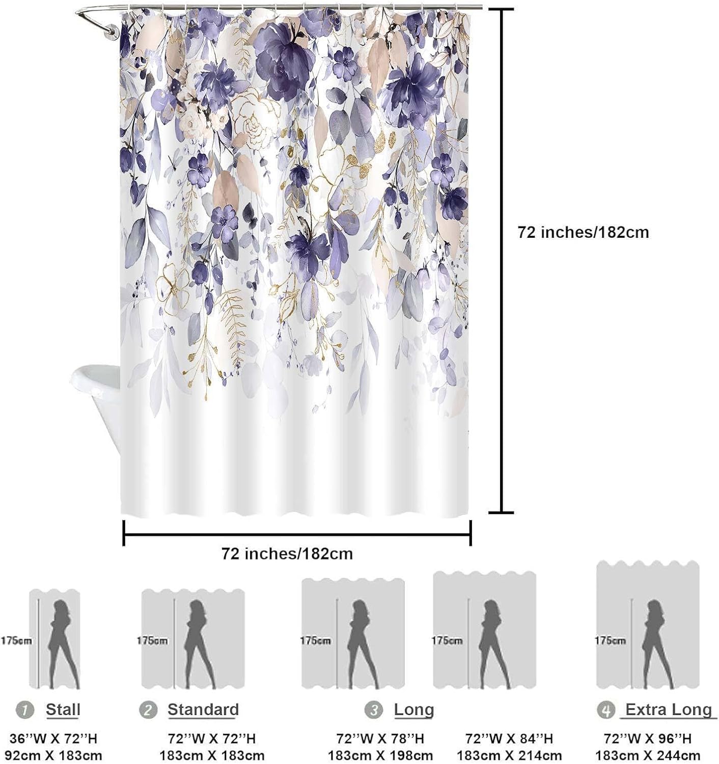Purple Grey Floral Shower Curtain, Cute Flower Botanical Pastel Watercolor Spring Plant Shower Curtain Eucalyptus Leaf Girly Rustic Country Bathroom Accessories Set with Hooks, 72X84 Inches, Floral6