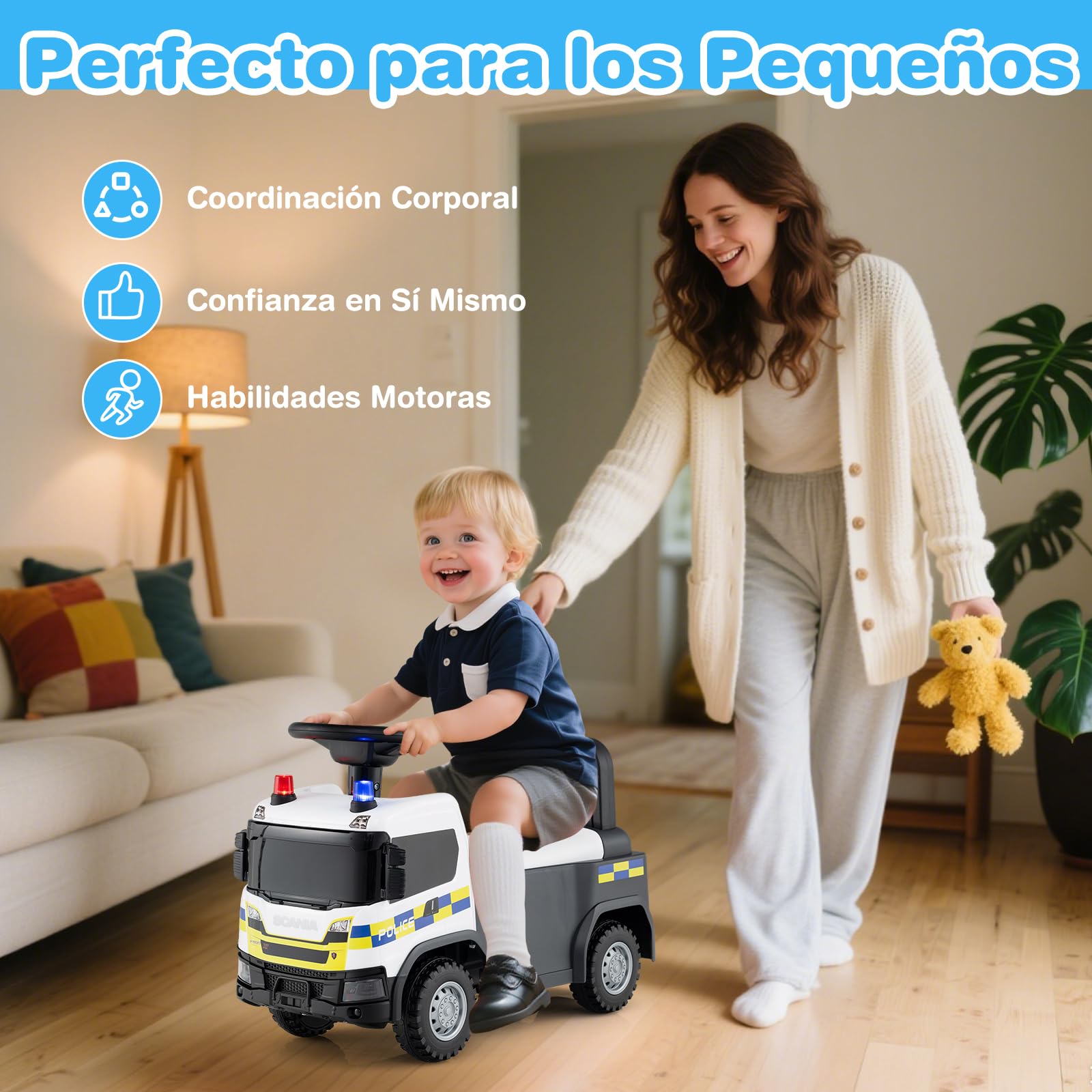 COSTWAY Correpasillos Bebé, Coche Correpasillos para Niños con Bocina, Música, Sonidos y Luces de Bombero/Construcción/Policía, Andador con Almacenaje para Niños de 18+ Meses (Blanco)