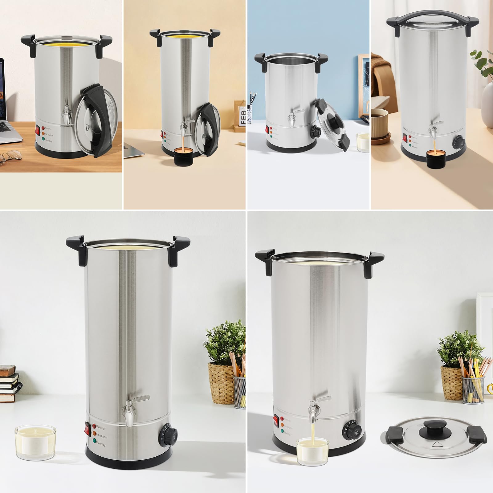 CCAUUB Fuciera per cera, 15 l, in acciaio inox, con beccuccio e regolatore di temperatura | Scioglie cera di soia, cera d'api, paraffina e cera di cocco con 1800 W, 0-110 °C, per candele, sapone e artigianato