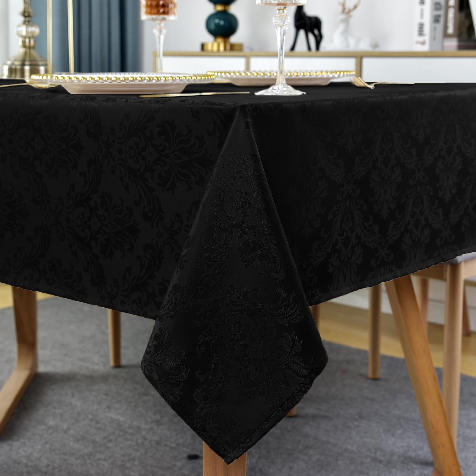 Rectangle Table Cloth - 60 x 102 Inch Black Jacquard Tablecloths Damask Design Spillproof Wrinkle Resistant Shrinkproof Soft Tablecloth Polyester Oblong Table Cover for Kitchen Dinning Party Tabletop — image 1