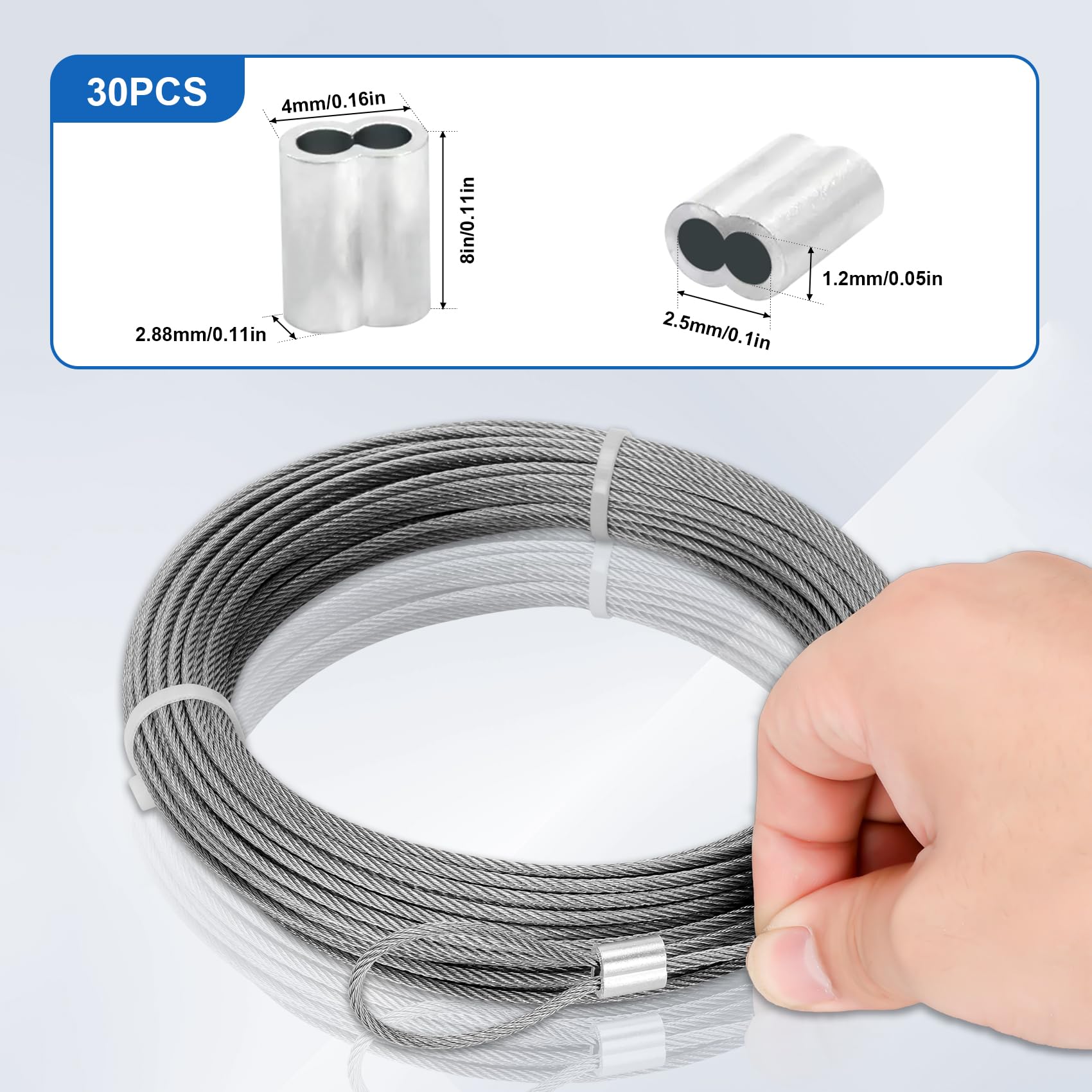 3/32 in Stainless Steel Wire Rope Cable 200ft, 7x7 Strand Stainless Steel Aircraft Cable, for Deck Railing, String Light Hanging, Marine Rigging, Garden Wire with 60 M2.5 Crimping Loops
