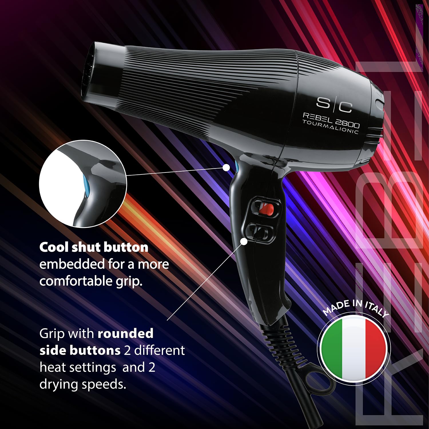 Ionen-Haartrockner Professionell Stylecraft Rebel 2800 | 2800W Haartrockner mit Tourmalionic-Technologie | Diffusor und Konzentrator Inklusive | Rutschfest | Made in Italy