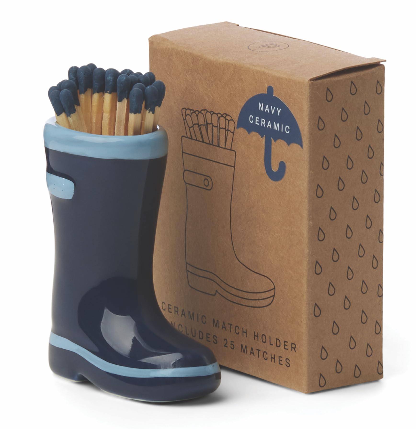 Paddywax Wellington Boot with Safety Matches Included, Ceramic, Navy Blue, 25-Count