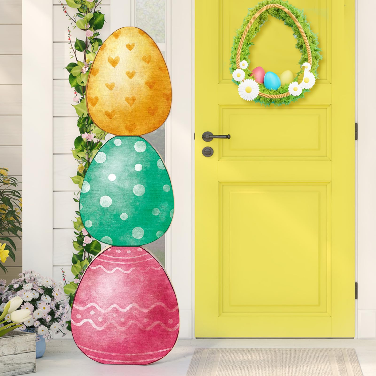 Yerliker 35 inch Easter Wooden Porch Sign Easter Egg Standing Porch Sign Decoration Easter Outdoor Decor Easter Egg Bunny Sign Decor for Porch, Yard, Front Door, Garden, Patio, Outdoor-image-13