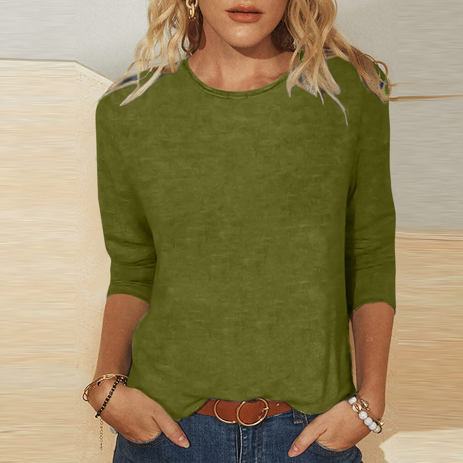Women's Solid Crew Neck Blouse Tops Casual 3/4 Sleeve Business Shirts Fashion Loose Fit Beach Outfits Tunic T-Shirt(A-Army Green,3X-Large)