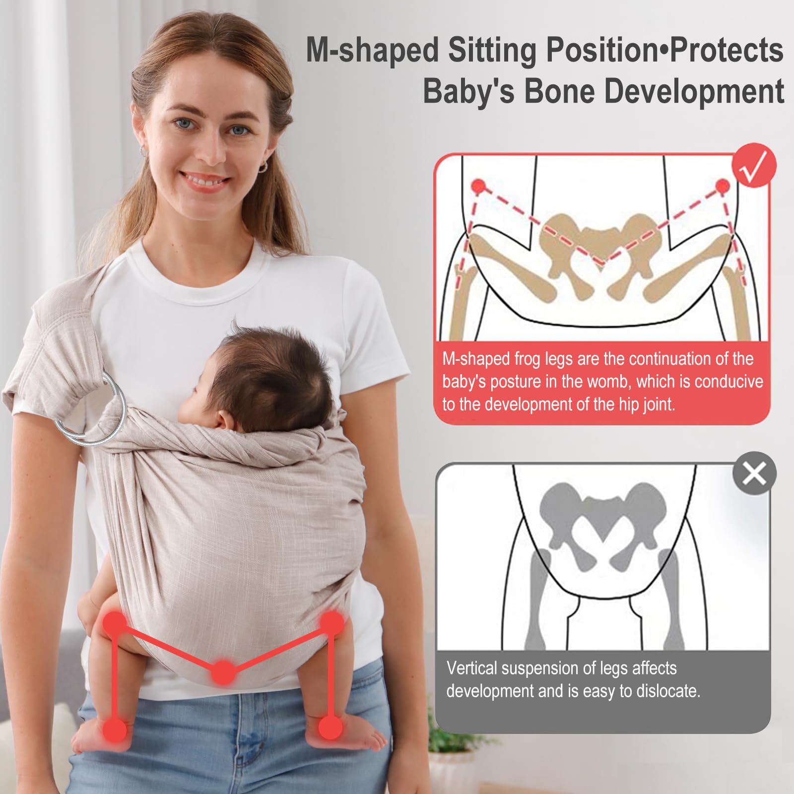 Baby Sling Carrier for Newborn to Toddlers, Adjustable Breathable Muslin Double Ring Sling Wraps, Sling Holder Carrier Scarf, Ideal Baby Gift for New Parents (Grey) - 4