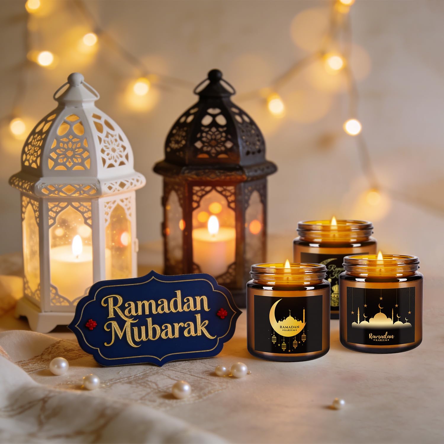 12 Pcs Ramadan Mubarak Scented Candle Set - Eid Candles for Home Decor, Aromatherapy Islamic Gifts for Women & Family, Mosque-Inspired Jar with Islamic Lanterns & Stars, Brown Soy Wax