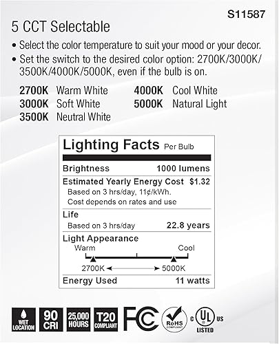 Miniatura 6 de Satco S11587 LED PAR30LN de 11 vatios base media acabado plateado CCT seleccionable 120 voltios ángulo de haz de 60 grados 11PAR30LNLED5CCTWFL120V