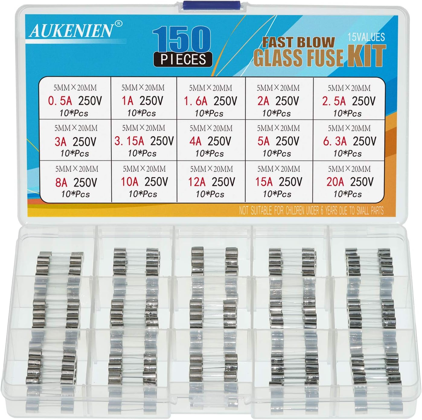 AUKENIEN 15 Value 150 Pieces 5x20mm Glass Tube Fuse Kit - 0.5A to 20A, 250V Quick Fuses