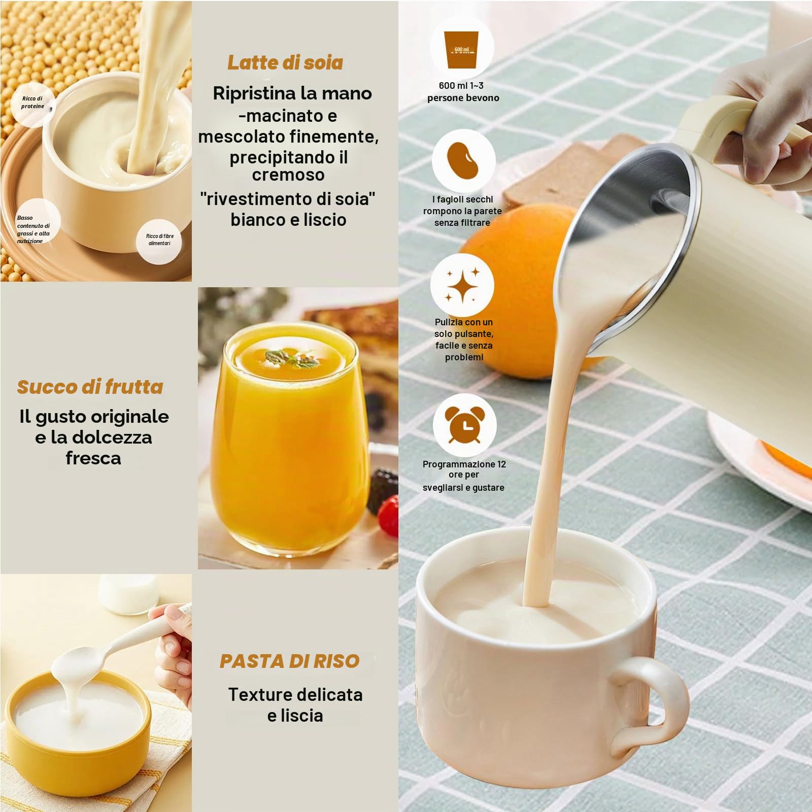 Macchina per latte di soia multifunzionale, Macchina per il latte di noci - Pressa per latte di mandorla automatica multifunzionale da 20 once, Con avvio ritardato|Tenuta Achaud|Autopulente