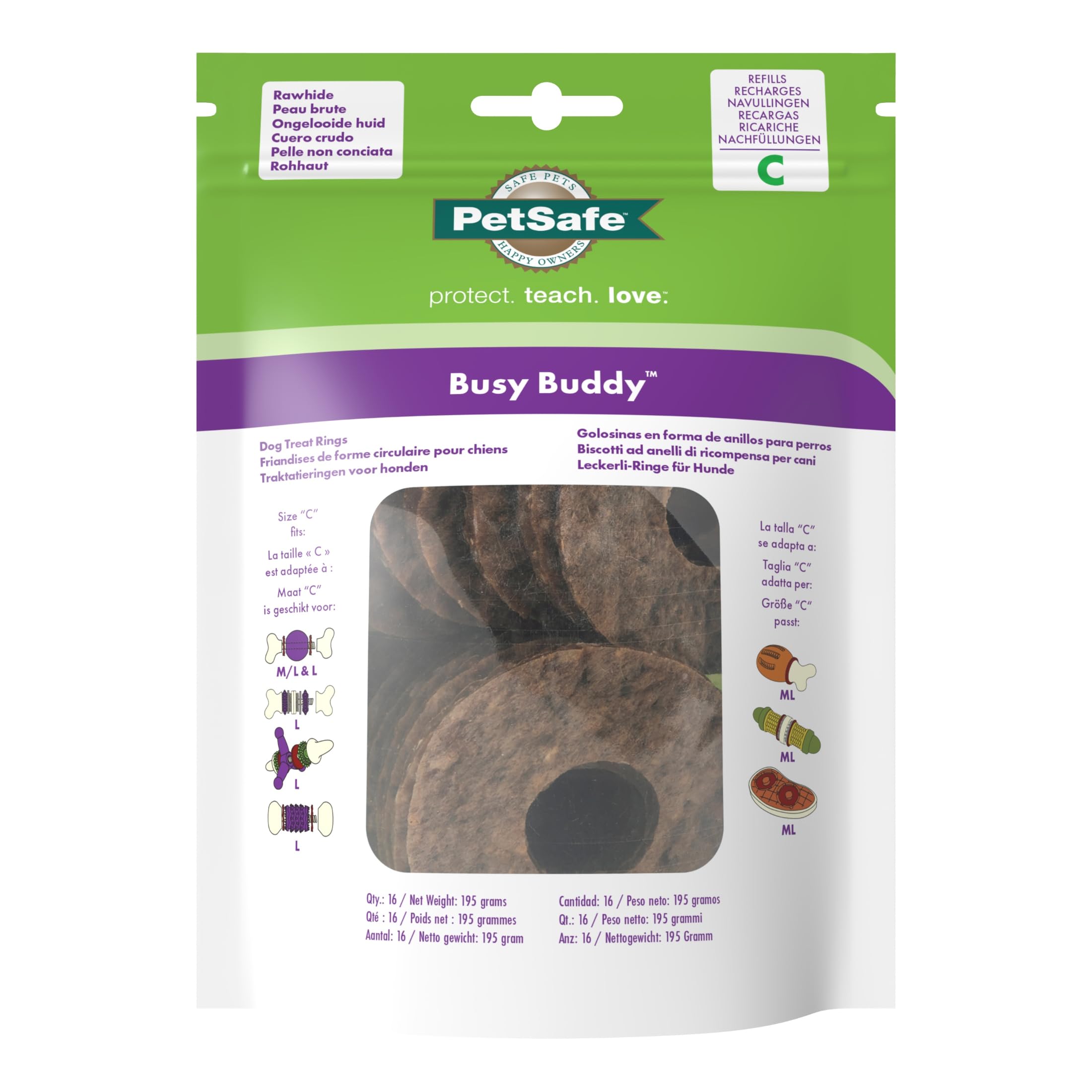 PetSafe Anneaux de Friandises en Peau de Bœuf pour Jouet Busy Buddy pour Chien, 16 Anneaux par Sachet, Taille C