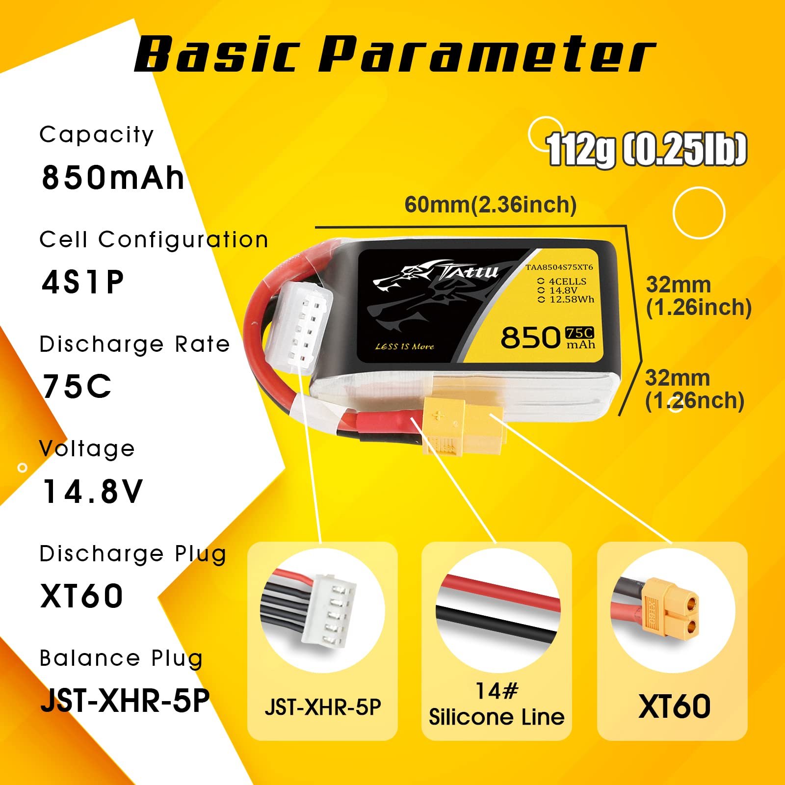 Tattu 4S Lipo RC akumulator 850 mAh 75C 14,8 V Softcase akumulator z wtyczką XT60 do FPV Quadcopter Mini Drone Aeroplane