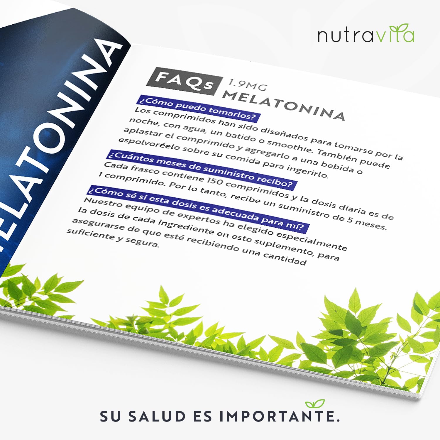 Melatonina Pura 1,9 mg + Vitamina B6 – Con Bálsamo de Limón y Flor de Pasión – 150 Comprimidos Veganos – Contribuye a Reducir el Tiempo para Dormir – GVO Libre – Nutravita