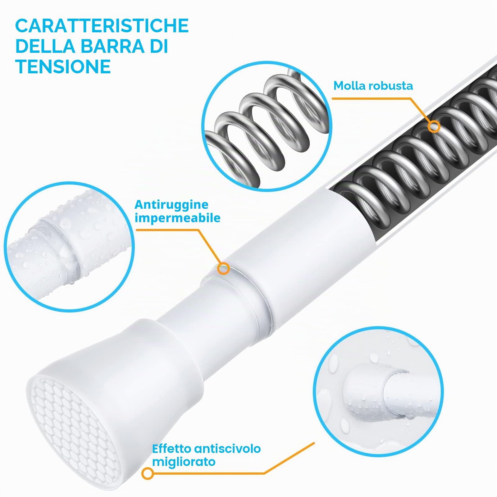 Bastone per tende a tensione bianca per finestre da 71 a 122 cm, asta per tende a molla a pressione espandibile regolabile senza foratura, asta per tenda da 7/8 pollici per camera da letto, porta