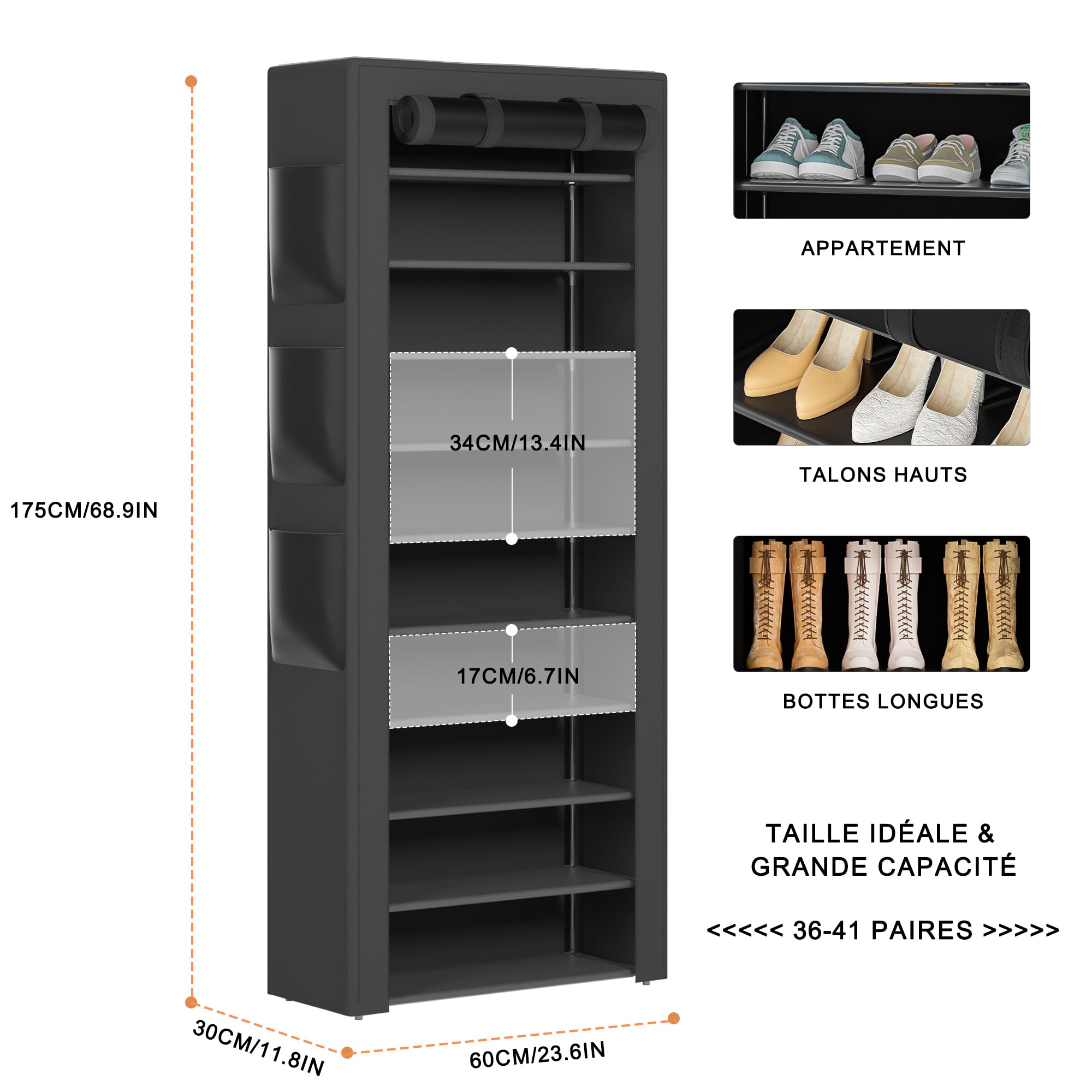 OYREL Étagère à Chaussures 11 Niveaux, Grande Armoire à Chaussures Haute pour 36-41 Paires de Chaussures, Stockage Chaussure-Organisateur avec Couverture étanche à la poussière