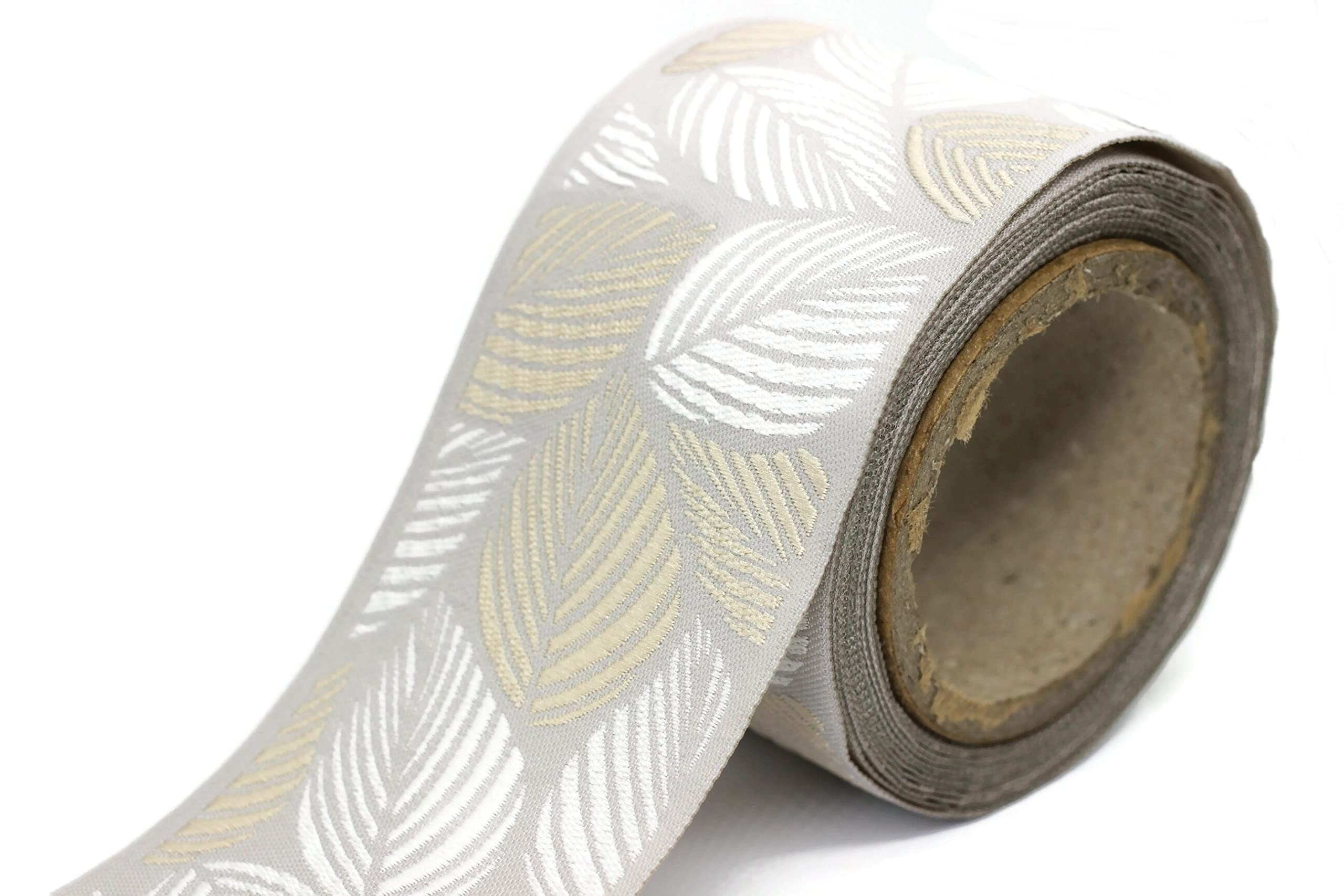 Ruban jacquard tropical blanc et beige pour rideaux salon bohème