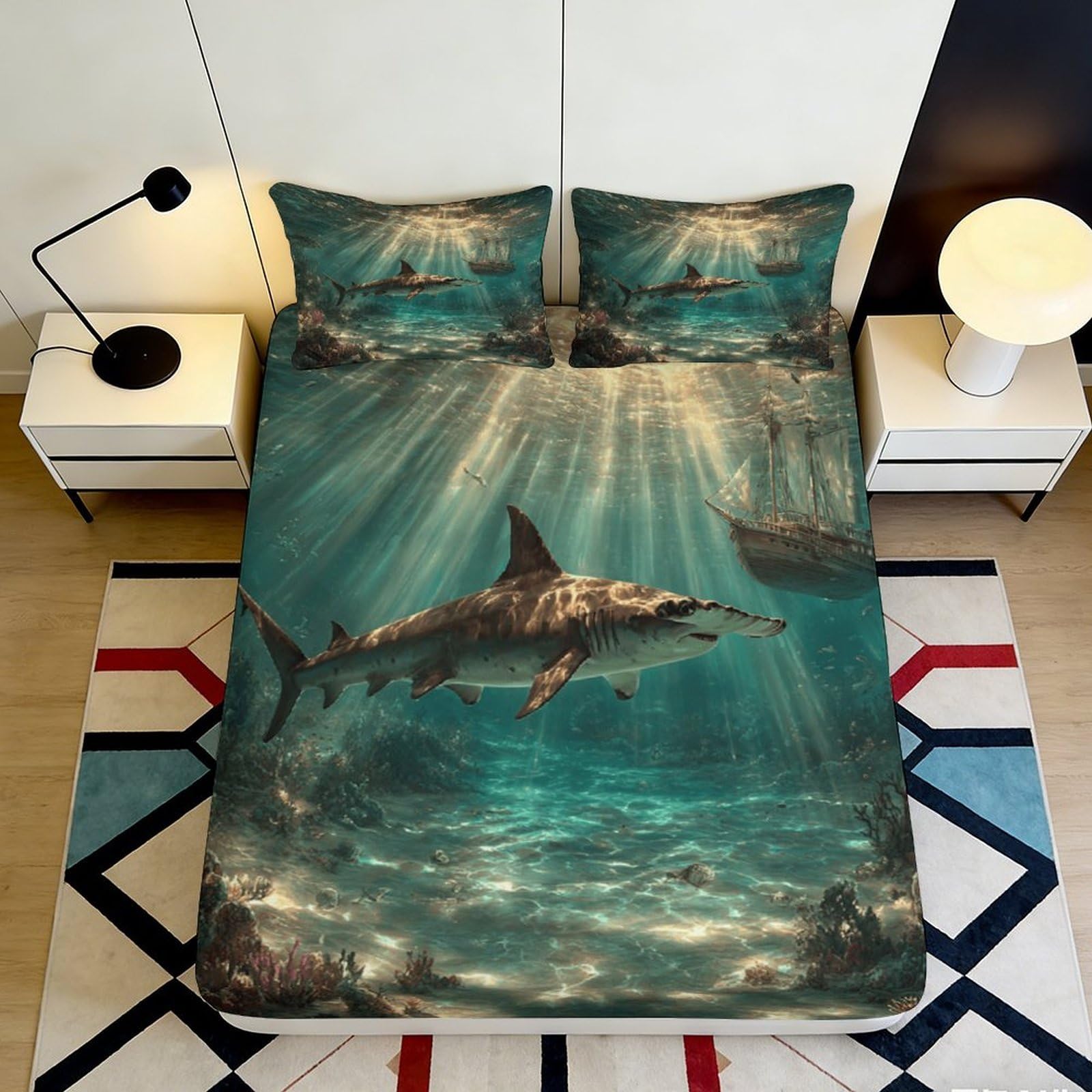 3D Printed Ocean Shark Fitted Sheet Microfiber Soft Underwater Shipwreck Bed Cover for Bedroom Guest Room Decor 90x200x25cm