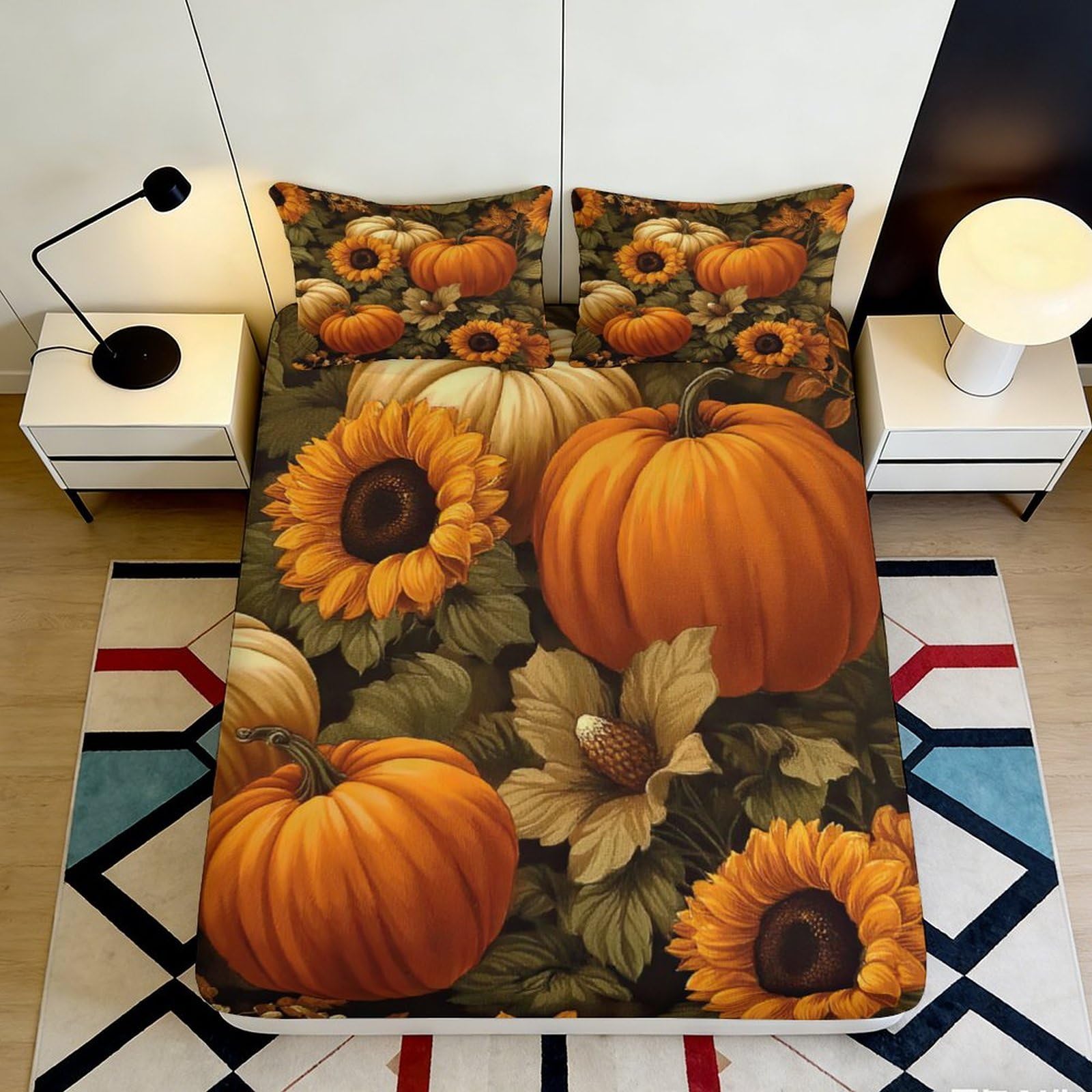 Pnayamiorkfel Style-5 3D Printed Pumpkin Sunflower Fitted Sheet Microfiber Autumn Floral Bed Cover For Bedroom Guest Room Decor 90X200x25cm