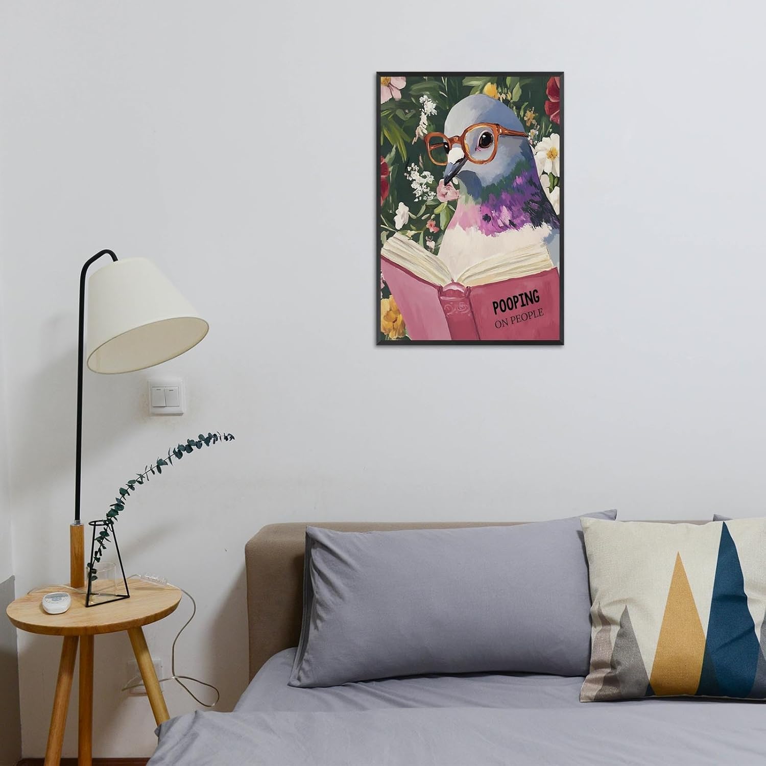 Funny Animal Bathroom Wall Art Comical Bird Pooping On People Canvas Poster Vintage Green Pigeon Books Reading Print Wall Decor For Bathroom Restroom 16X24 in Black Framed Ready To Hang