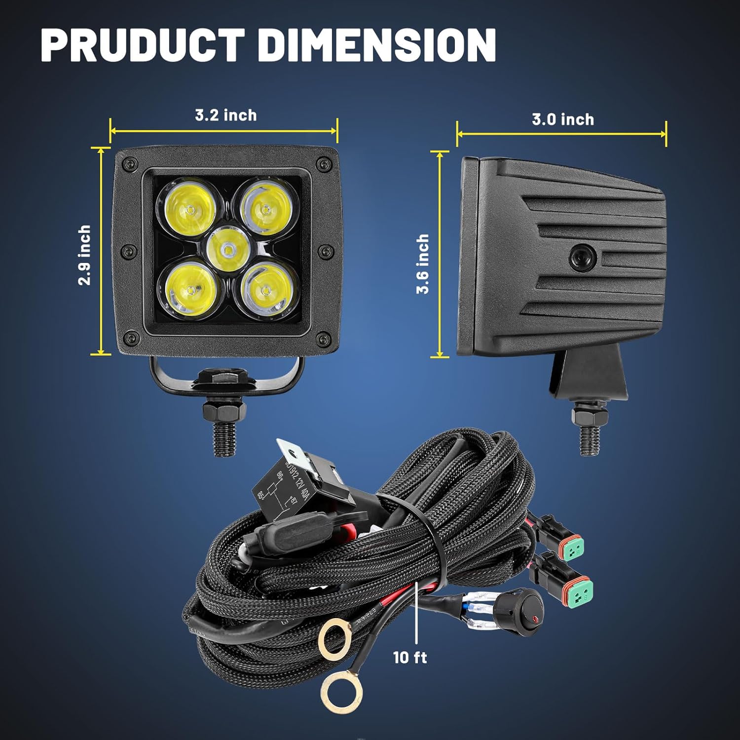 YCHOW-TECH LED Pods, 2PCS 3inch 100W CREE Spot Beam Square LED Pods Off Road A-Pillar Driving Lights Cubes Ditch Fog Lights with DT Wiring Harness Kit for Truck Pickup Dirt Bike UTV ATV Boat 4x4 Car