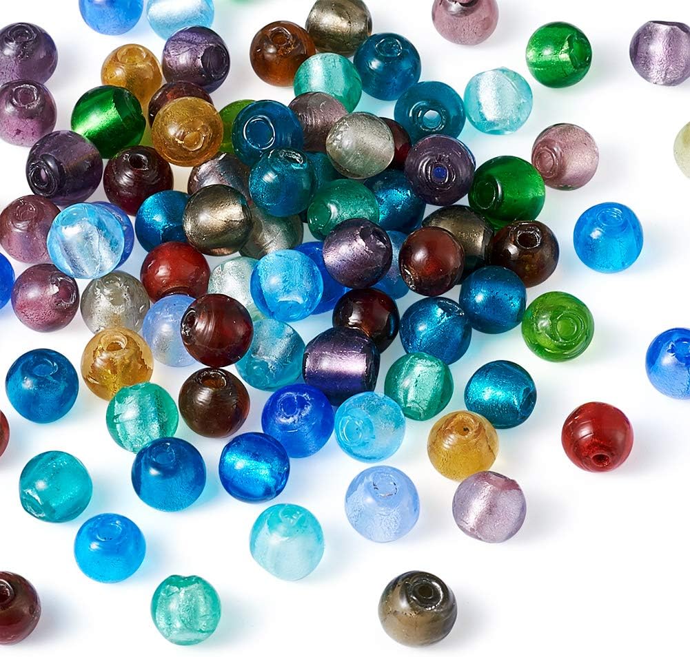 Beadthoven 200pcs 8mm Handmade Silver Foil Glass Beads Round Beads for Making Jewelry Accessories DIY Decoration Creative Presents Gifts Mixed Color (Round Ball)