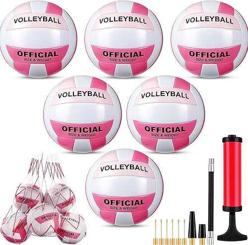 Soulchen 6 pelotas de voleibol tamaño oficial 5, impermeables, color rosa, con bomba y bolsa de red, para adultos, deportes en interiores y